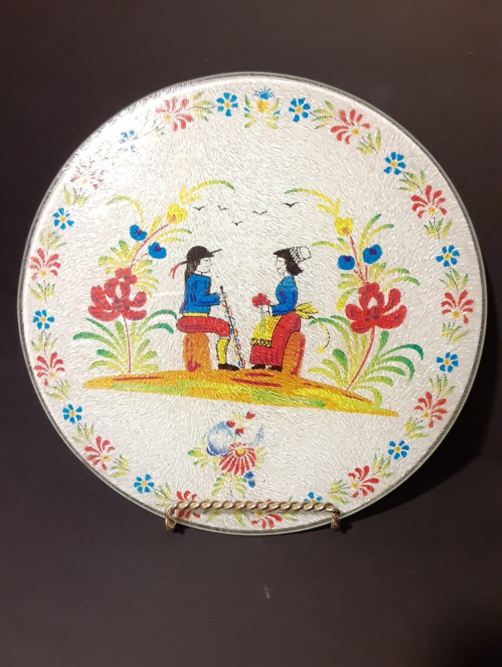 Vintage Folk Art Glass Trivet Tile Quimper style Breton 8"
